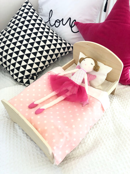 Wooden Doll Bed + Bedding Set (Hawthorn flower or Stars) - Mini Me Ltd