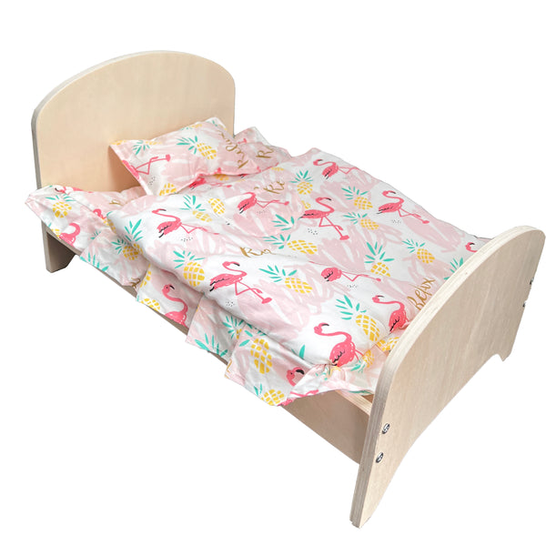 Wooden Doll Bed + Bedding Set (Flamingo)