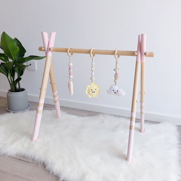 Wooden Baby Gym with 3 Crochet Toys -Pink