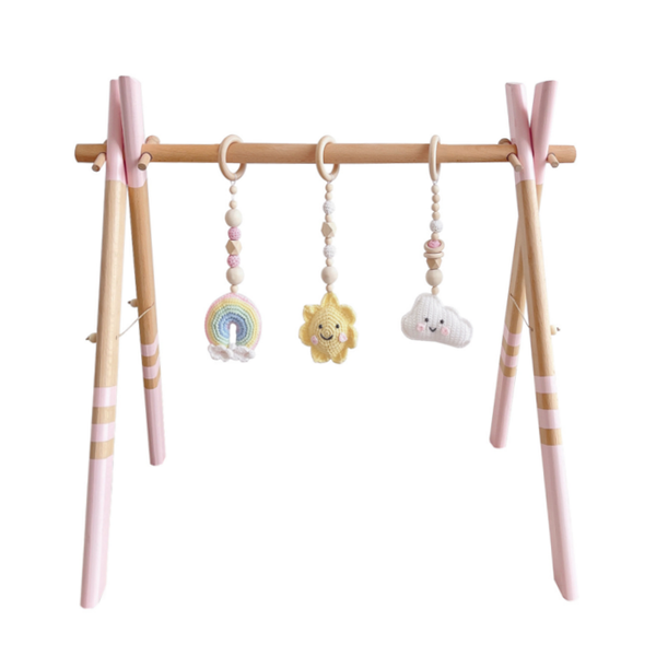 Wooden Baby Gym with 3 Crochet Toys -Pink