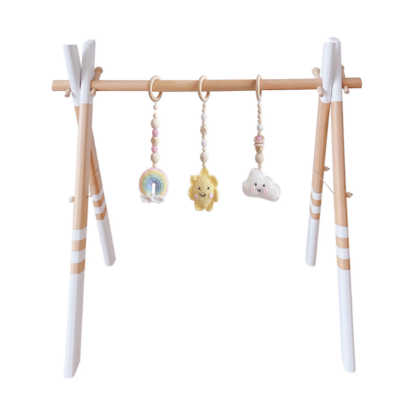 Wooden Baby Gym with 3 Crochet Toys -White