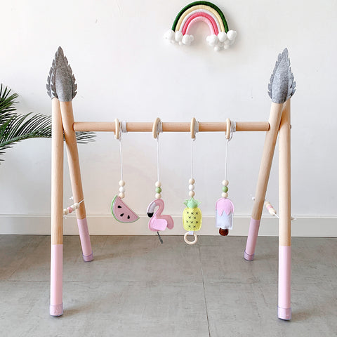 Blush Wooden Baby Gym with 4 Felt Toys